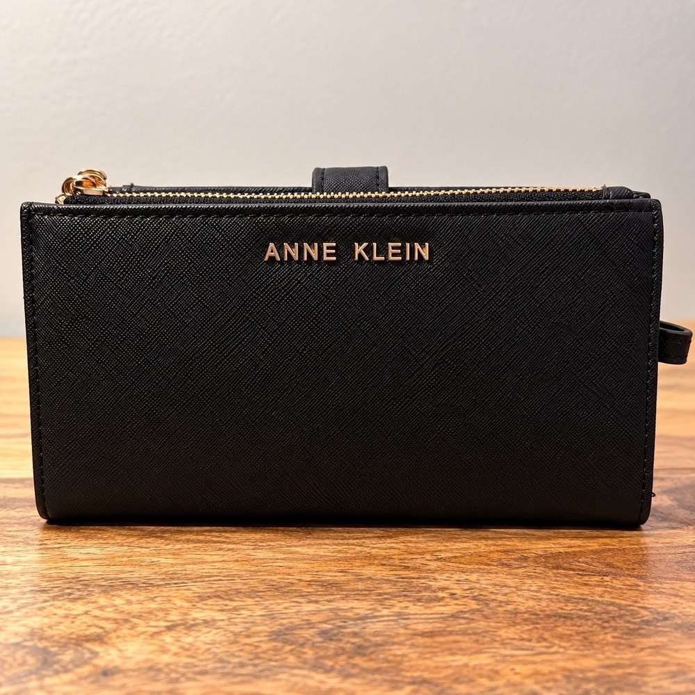 Anne Klein Black Saffiano Wristlet Wallet Phone Case Clutch Gold Hardware